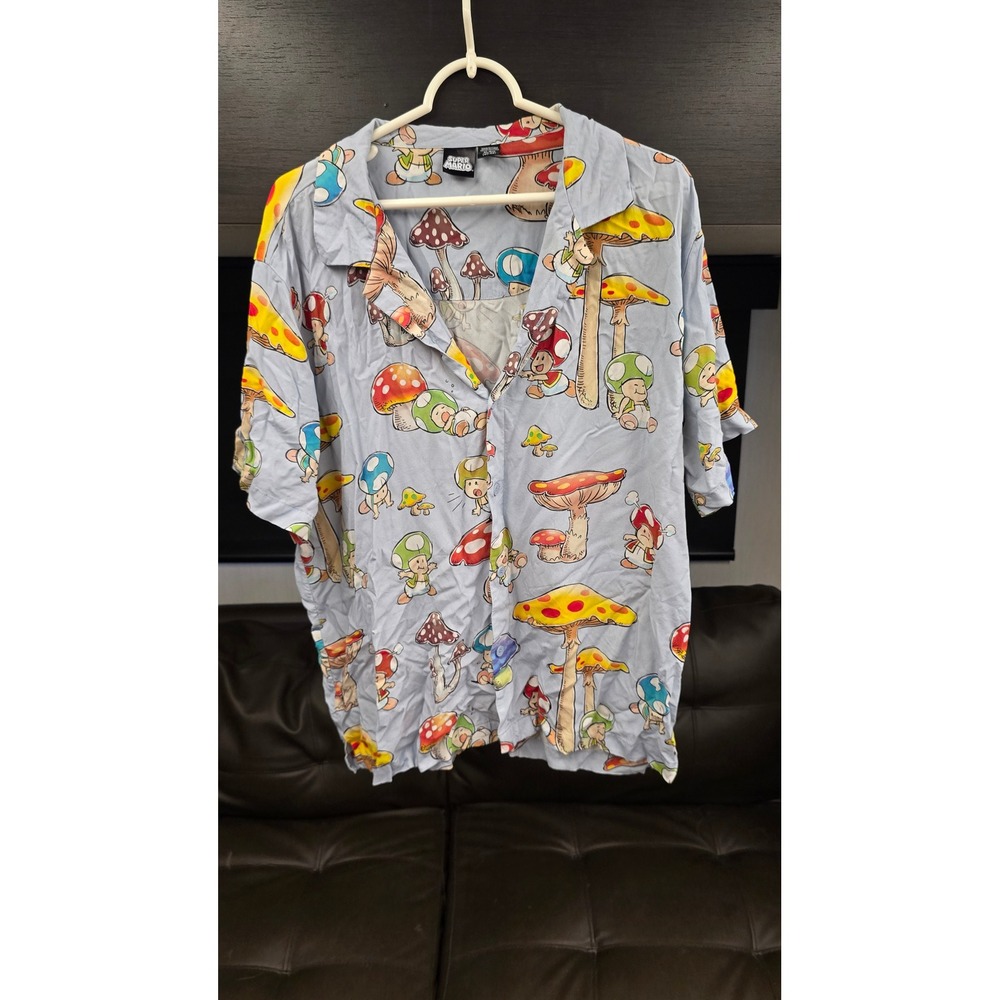Super Mario Toad Mushroom All Over Print Button Down Shirt Blue XL